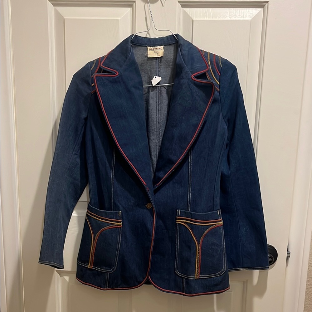 Vintage Denim Blazer with Red Trim